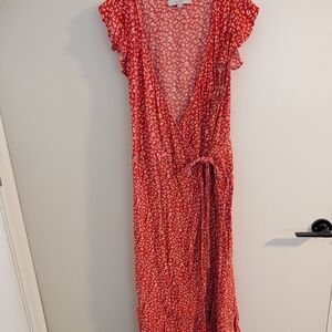 LOFT Coral Floral Maxi Dress with Ruffle Sleeves